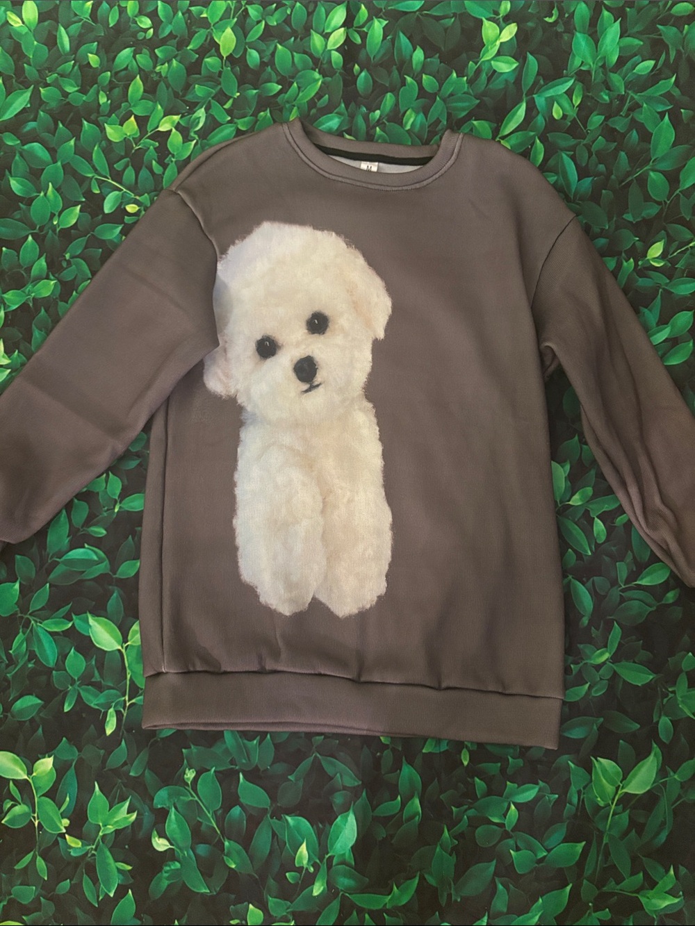 Gray Dog Print Pullover Sweatshirt with White Puppy Graphic